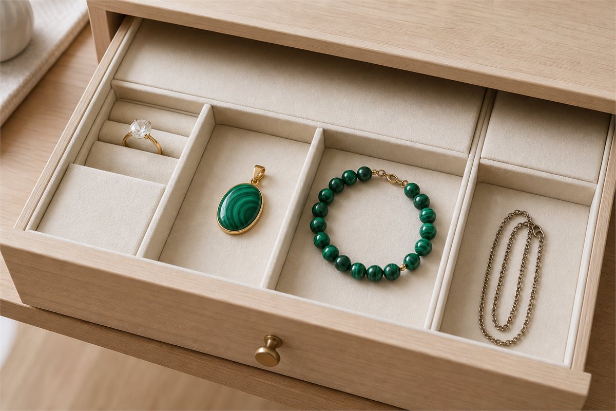 Malachite pendant and bracelet stored separately in open soft-lined compartments away from harder jewelry