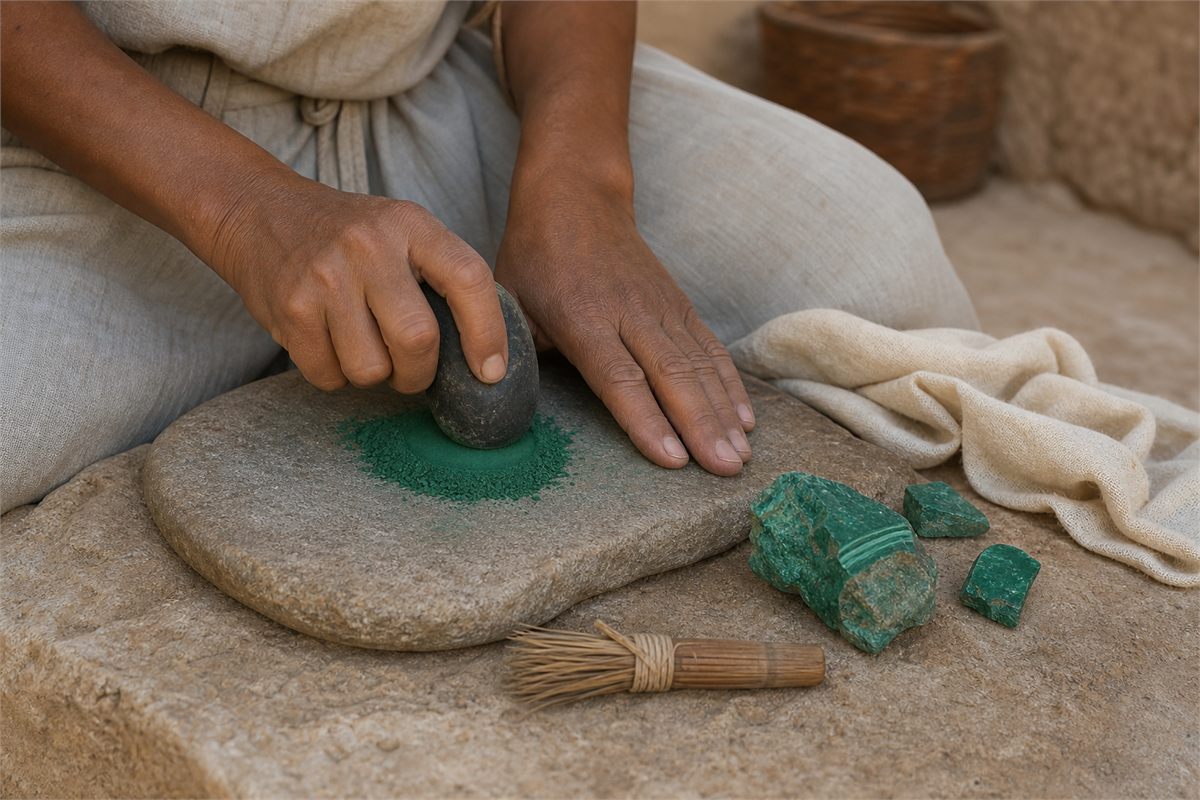 Hands grinding green malachite mineral pigment on a stone palette with historically plausible tools