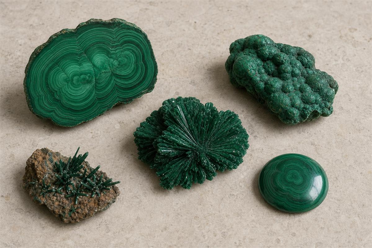 Banded malachite slice, botryoidal specimen, fibrous aggregate, green crystal cluster, and domed cabochon