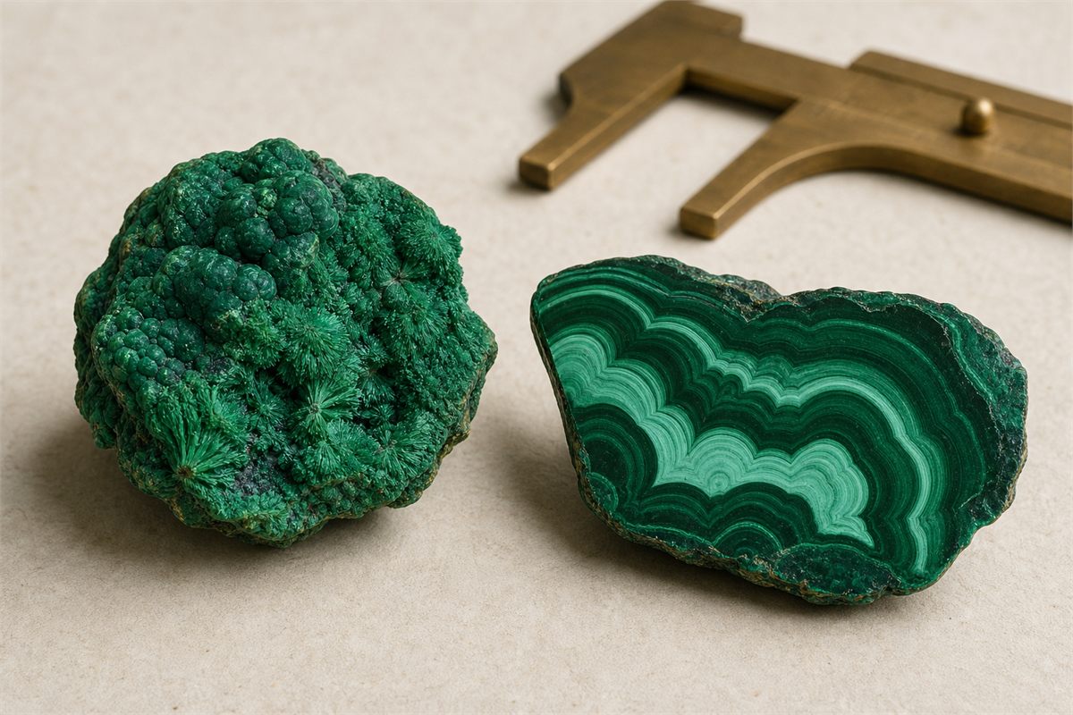 Raw green malachite aggregate beside a polished banded slice showing varied luster and texture