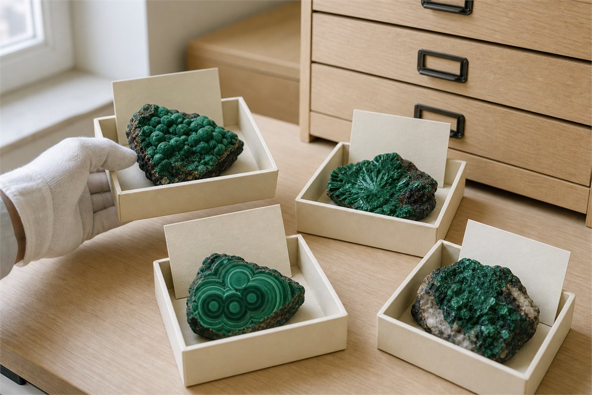 Malachite specimens with different host rocks arranged in archival mineral trays with blank record cards