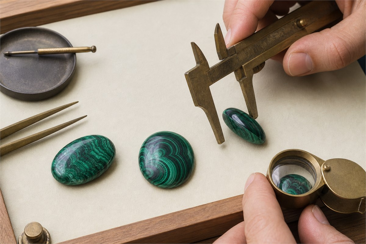 Gemologist examining malachite cabochons for pattern layout, polish, thickness, and fractures