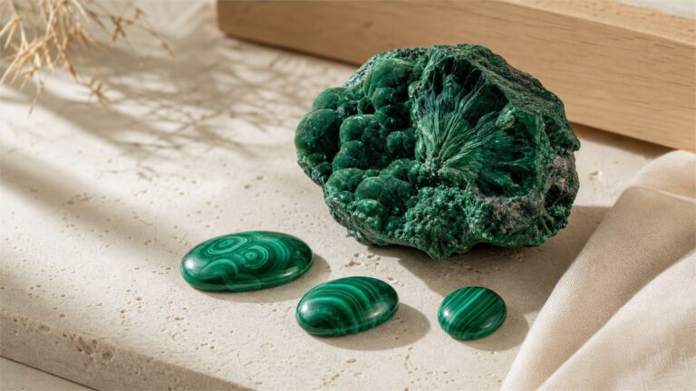 Raw botryoidal malachite specimen with polished banded malachite cabochons on warm neutral stone