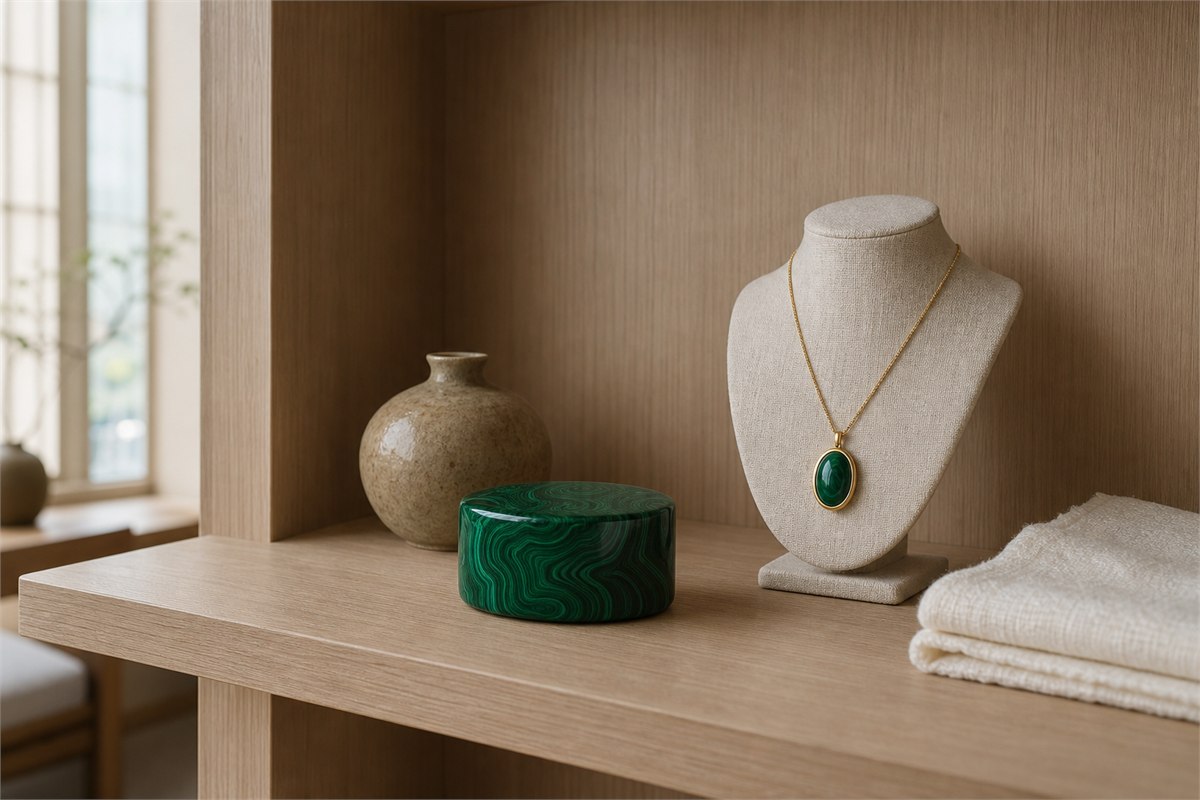 Small malachite object on a stable shelf and a protected pendant on a separate jewelry stand