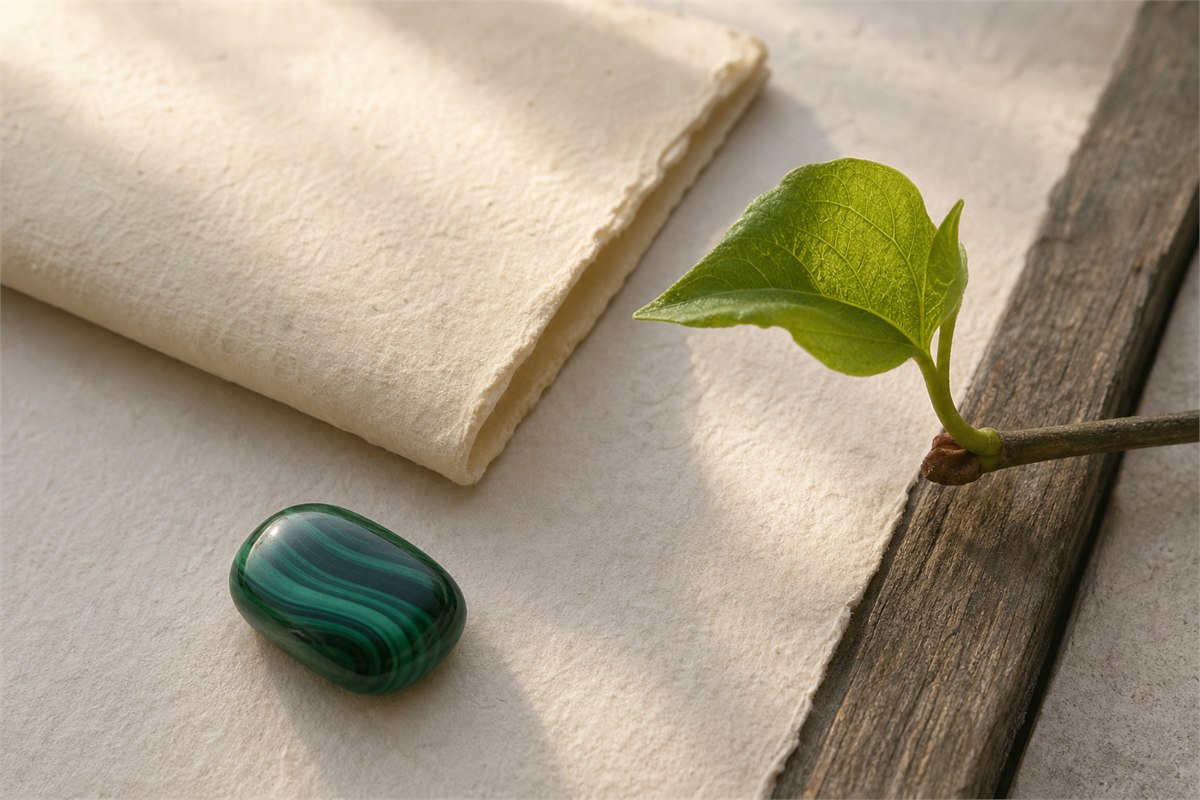 Banded malachite stone beside a fresh green leaf and folded handmade paper in soft natural light