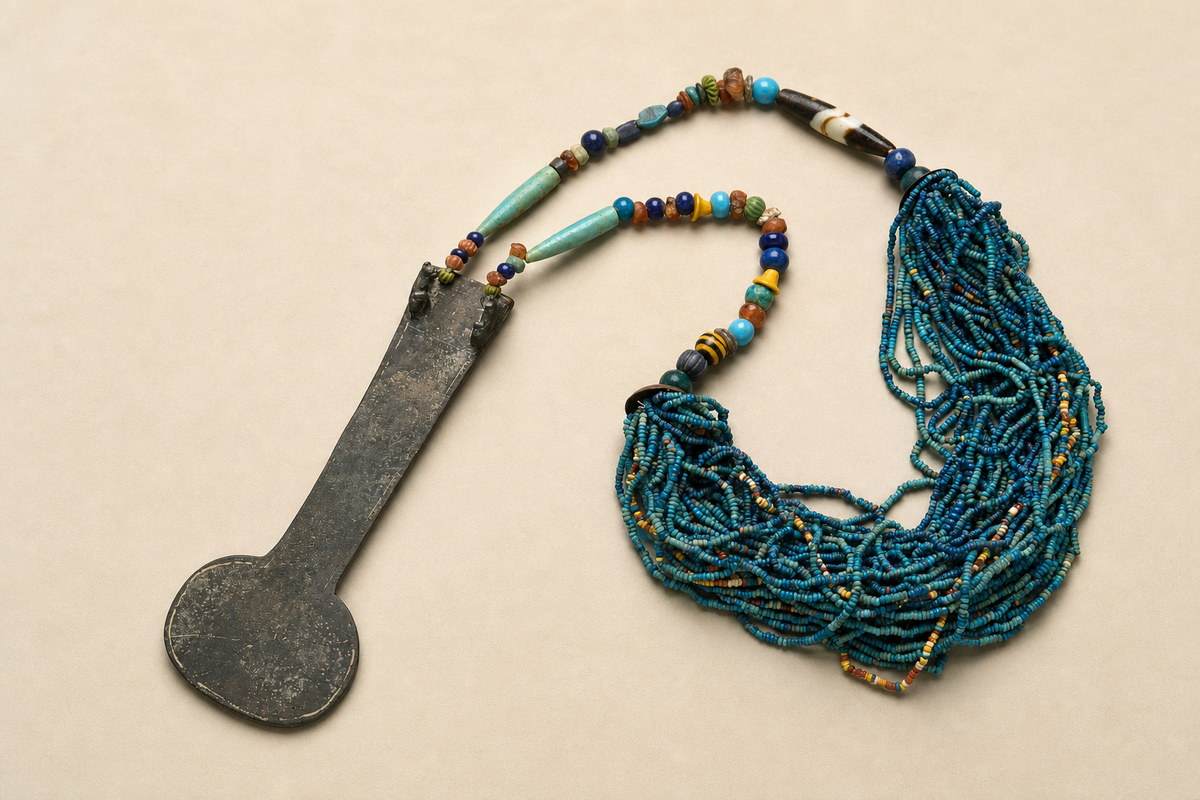 Malqata menat with long metal counterpoise, multicolored connector beads, and dense blue faience strands