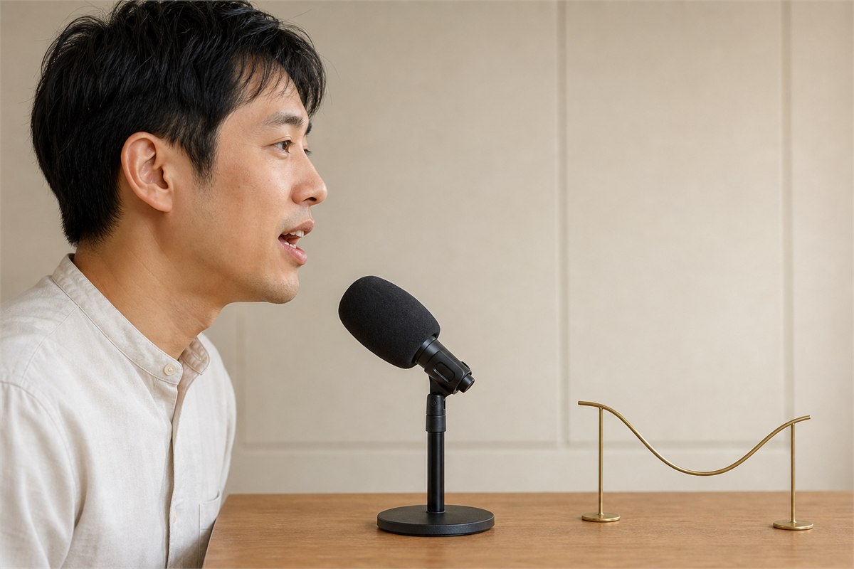 Speaker at a studio microphone beside a brass ribbon shaped as a falling and rising tone contour