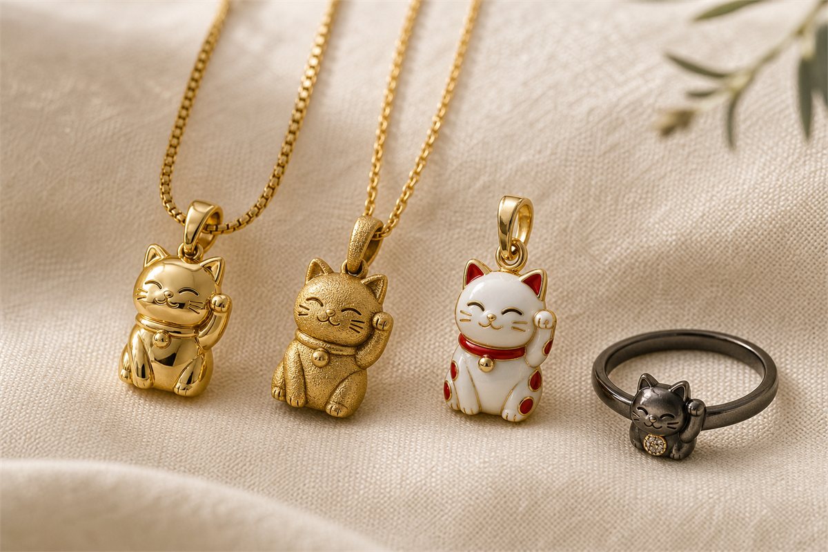 Small Maneki-neko gold pendants in polished, ancient-gold, enamel, micro-pavé, and black-gold finishes beside a matching ring