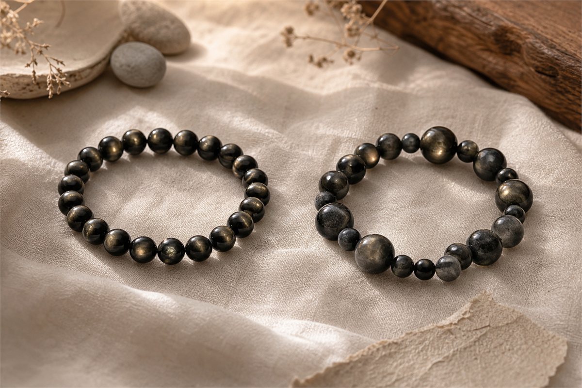 Two natural gold sheen obsidian strands with consistent and varied bead matching