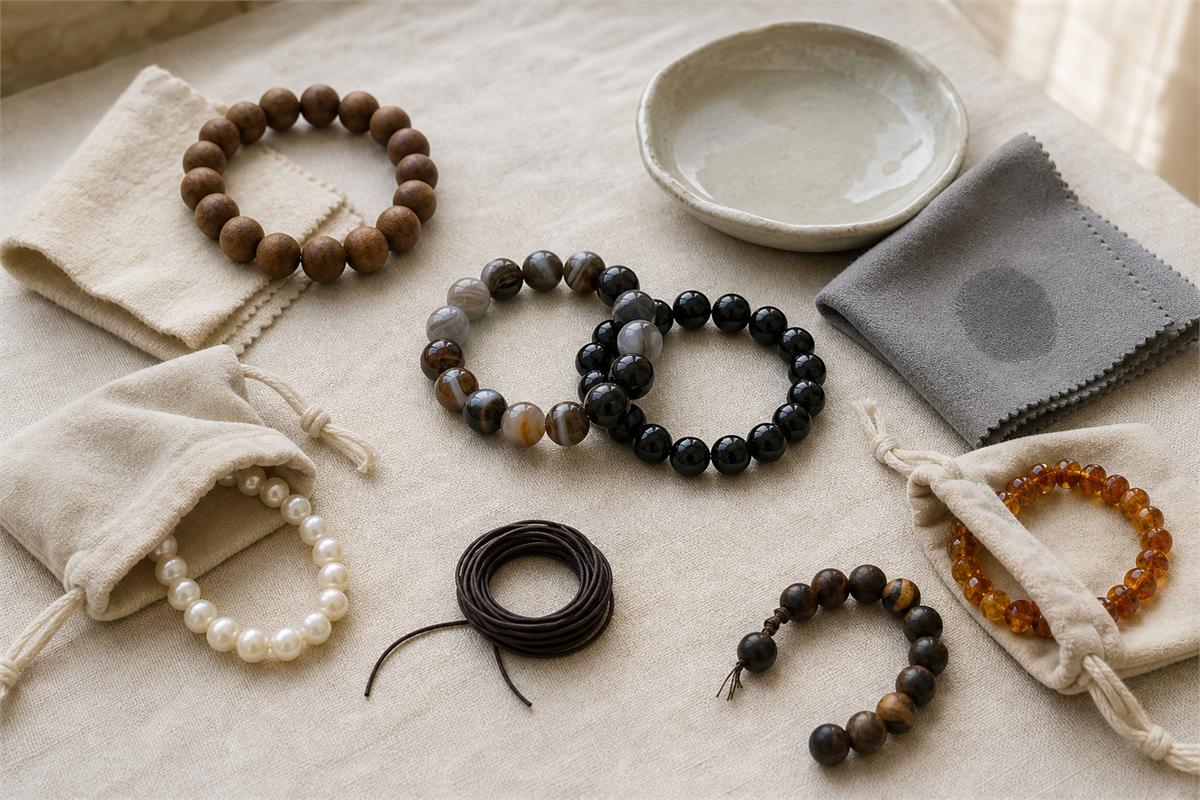 Wood, agate, obsidian, pearl, and amber bracelets arranged with soft cloths and separate pouches