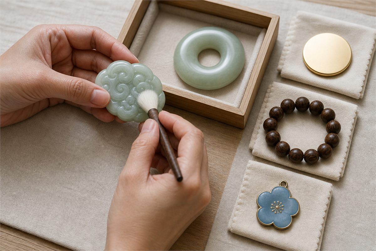 Adult hands cleaning a carved jade cloud with a soft brush beside separate stone, wood, enamel, and metal pieces