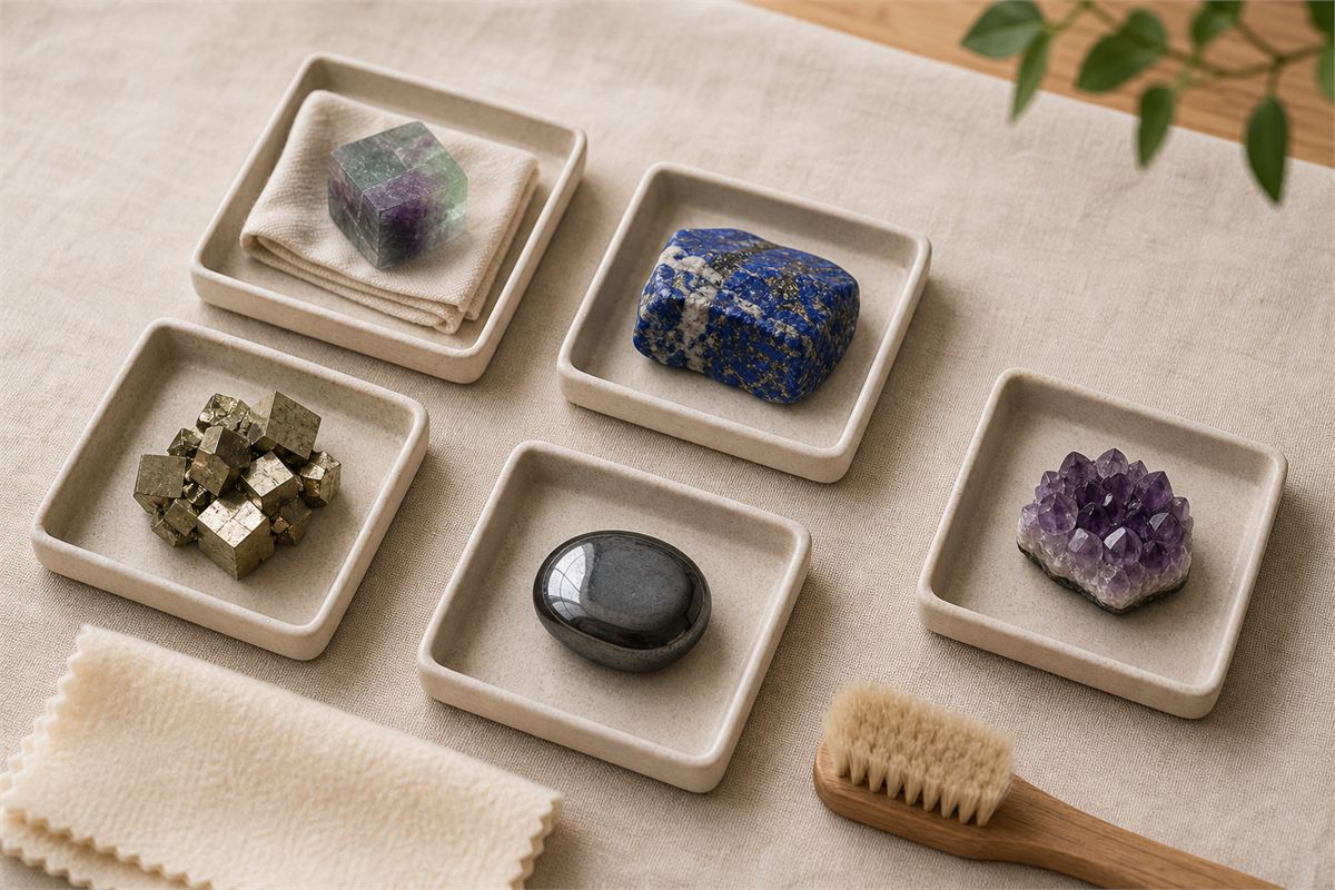 Fluorite, lapis lazuli, pyrite, hematite, and amethyst stored separately with a soft cloth and dry brush