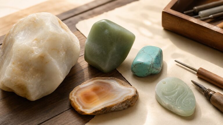 Raw jade-like stones, turquoise, agate, carving tools, and an unfinished jade pendant on a warm wooden workbench