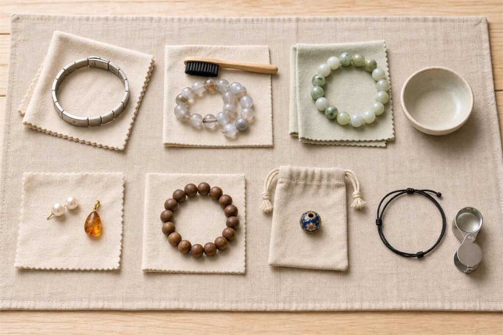 Separate care areas for metal, stone, jade-like beads, pearl, amber, wood, enamel, and cord
