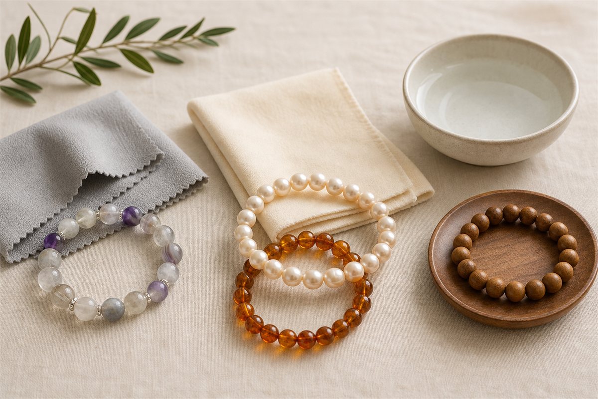 Quartz, pearl, amber, and wood bracelets separated with soft cloths and a water bowl
