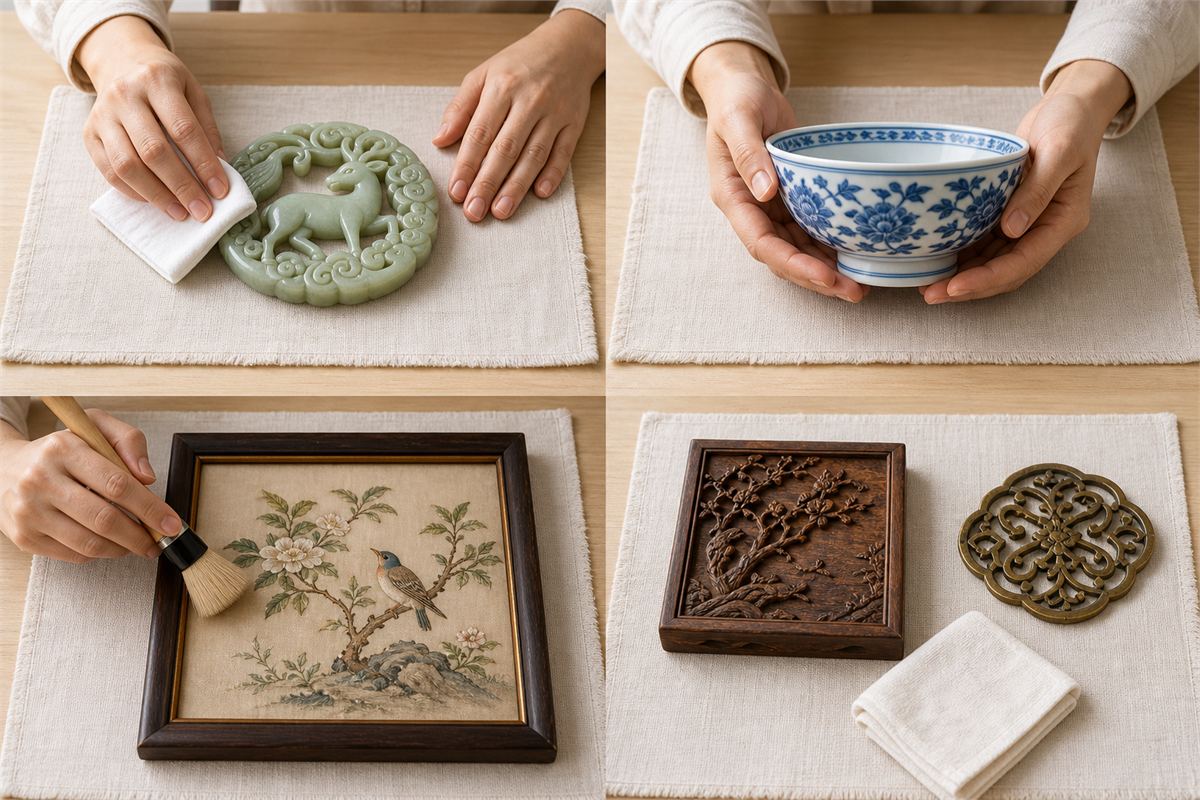 Four care scenes showing jade wiping, supported porcelain, gently brushed textile, and separate wood and brass objects