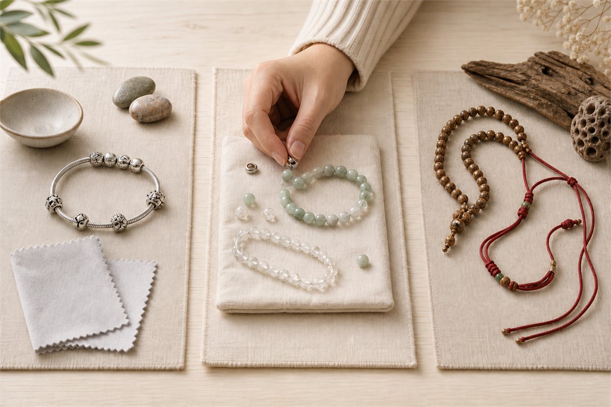 Silver, jade and quartz, wood beads, and red cord arranged in separate dry-care stations