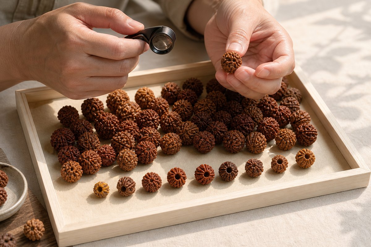Collector checking mature Rudraksha beads with a loupe in warm natural light