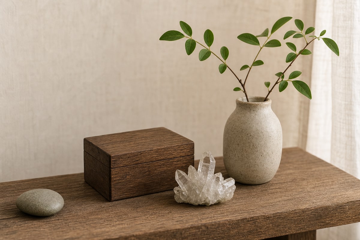 Clear quartz, a small plant, and a wooden heirloom box arranged on a warm home shelf