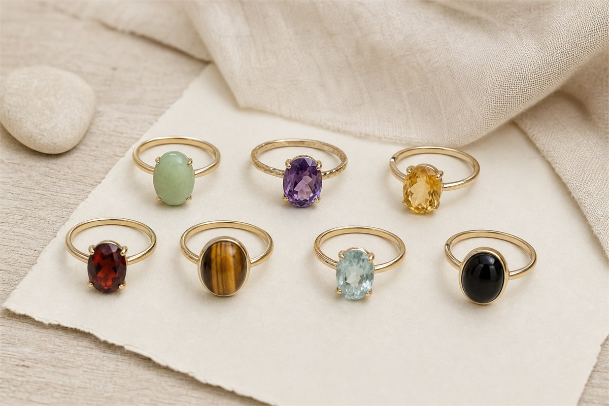 Seven rings with jade, amethyst, citrine, garnet, tiger's eye, aquamarine, and black obsidian