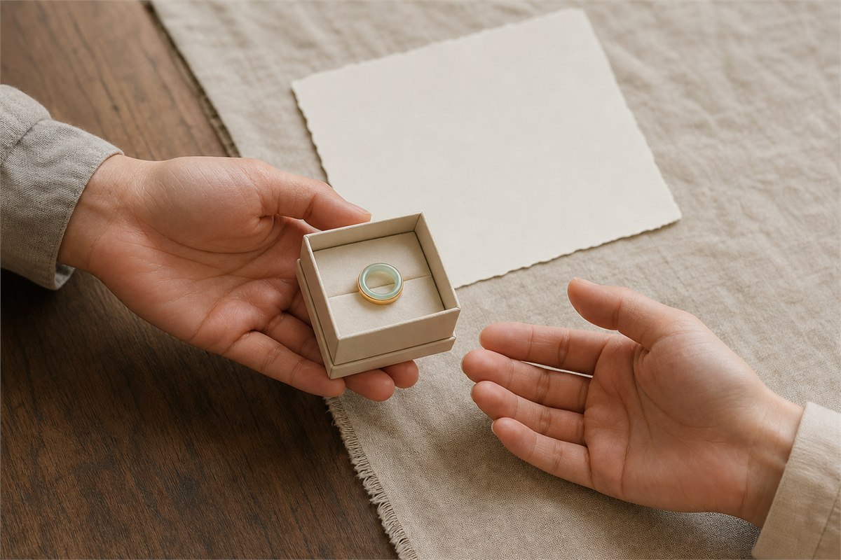 Two adult hands sharing a neutral gift box containing one pale jade ring