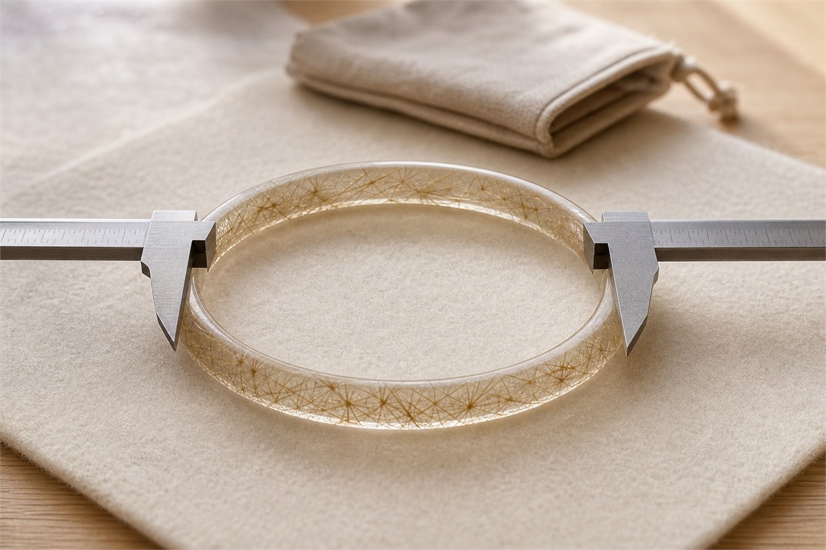 Caliper jaws touching opposite inner edges of a closed rutilated quartz bangle lying flat