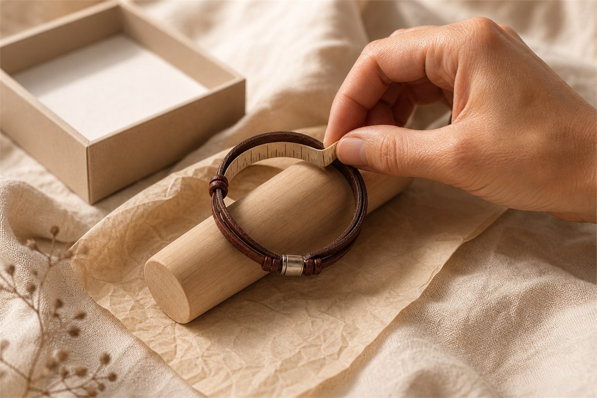 Brown leather bracelet measured around a wooden sizing form beside a plain gift box