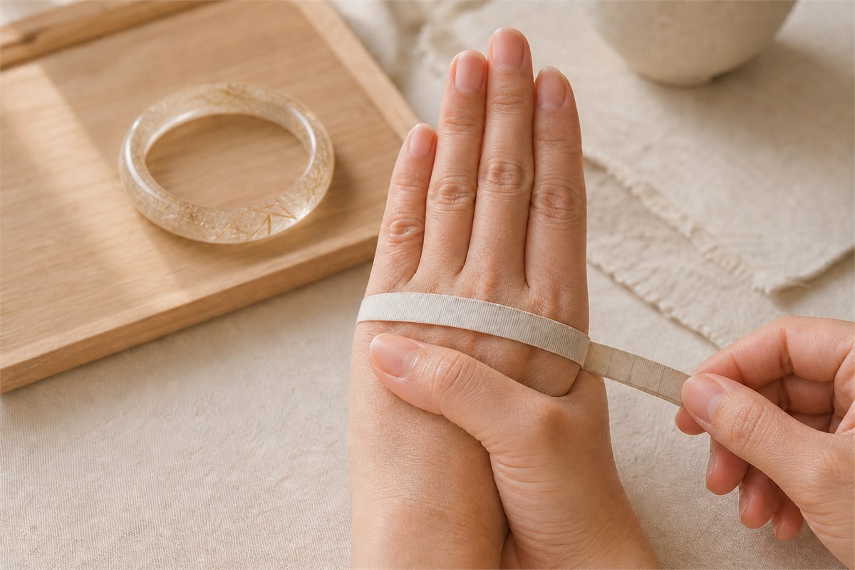Soft measuring tape around the widest knuckle area of a hand with the thumb folded across the palm
