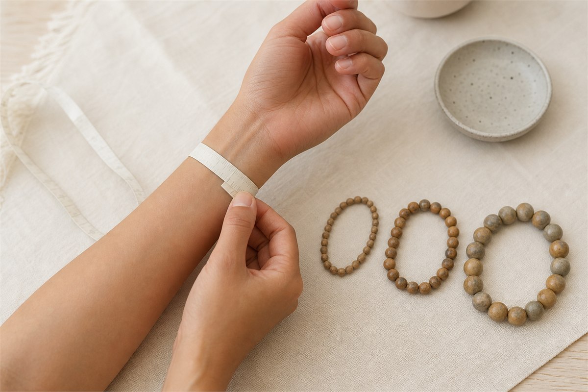 Soft measuring tape around an adult wrist beside bracelets with small medium and large beads