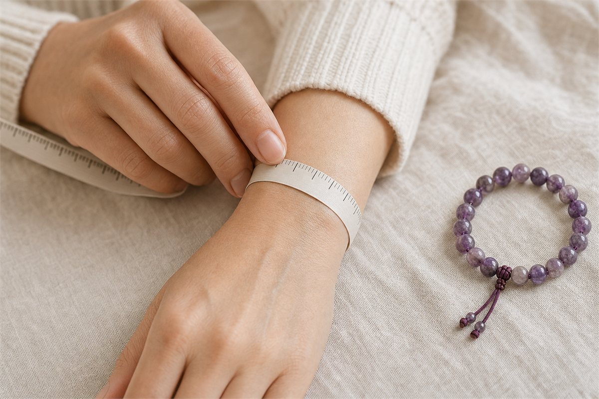 Soft measuring ribbon with tick marks wrapped around a relaxed wrist beside an amethyst bracelet