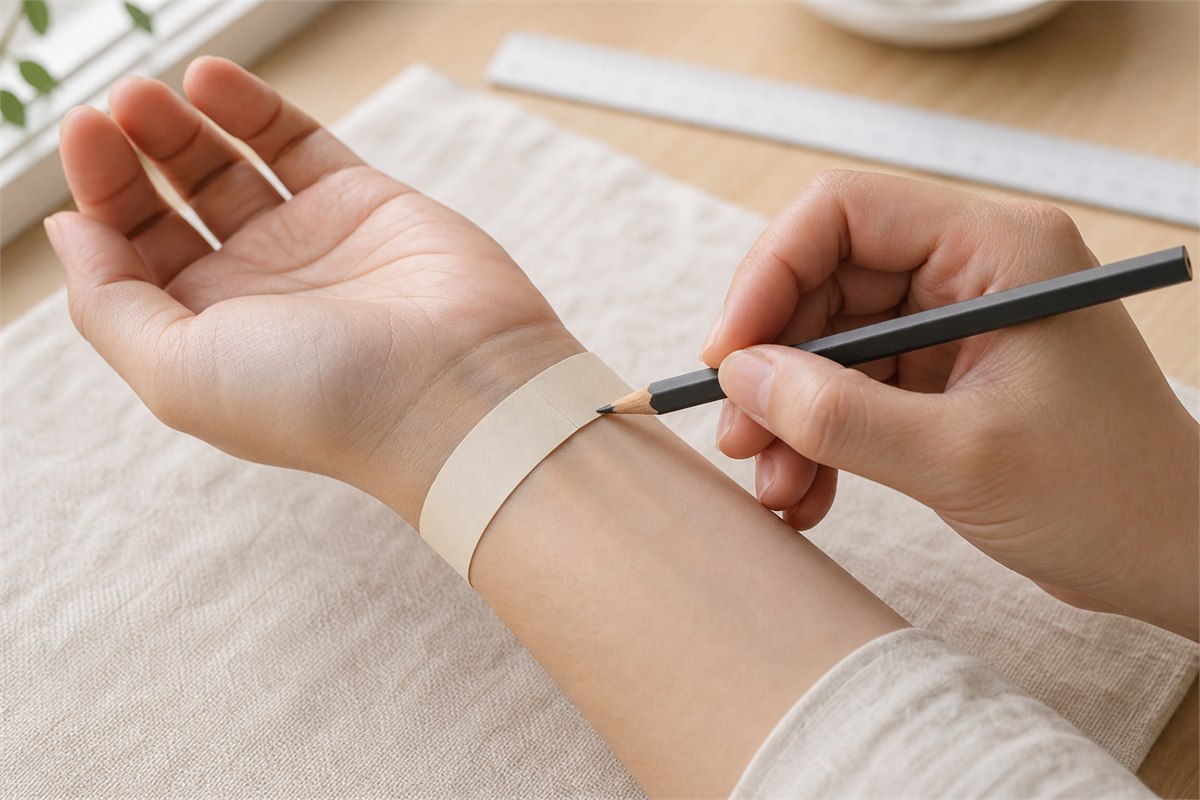 A plain paper strip wrapped around the narrowest part of a wrist while the overlap is marked with a pencil