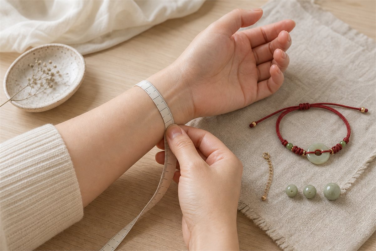 Hands measuring a wrist with a flexible tape beside an adjustable red cord bracelet and extension chain