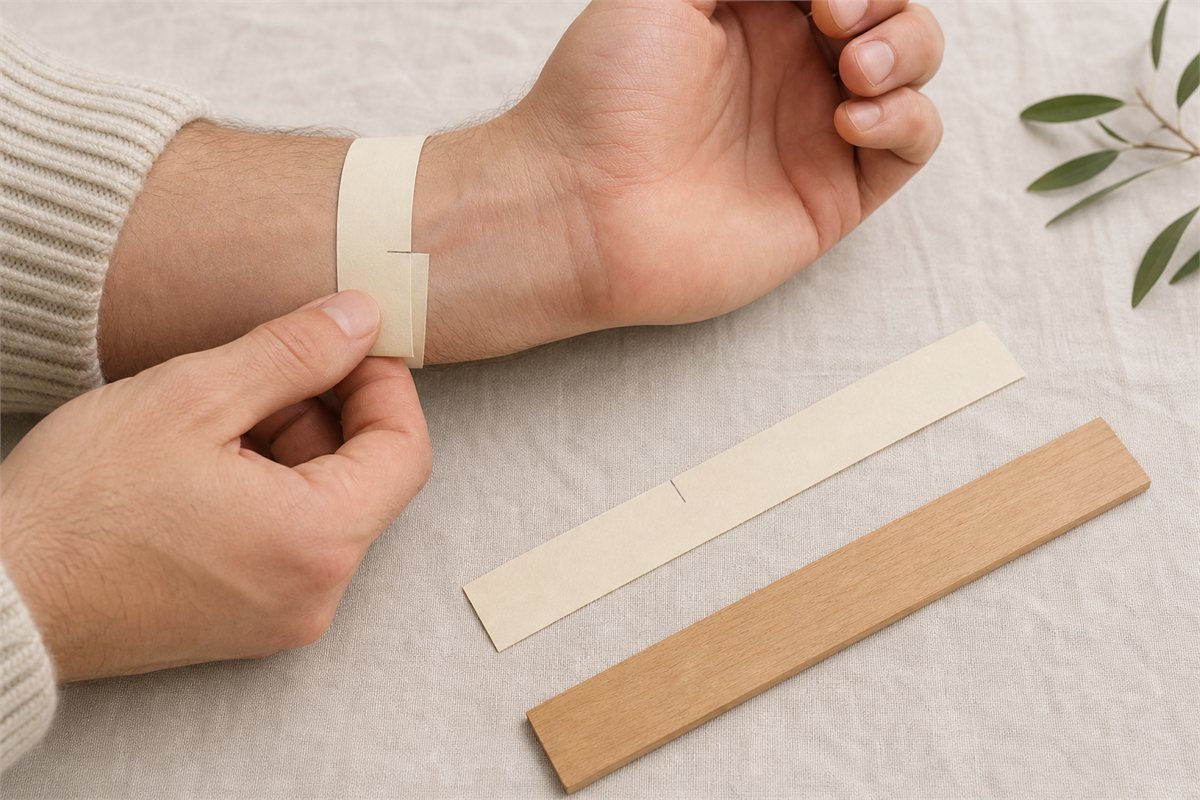 Cream paper strip marked around a man’s wrist beside a plain wooden ruler