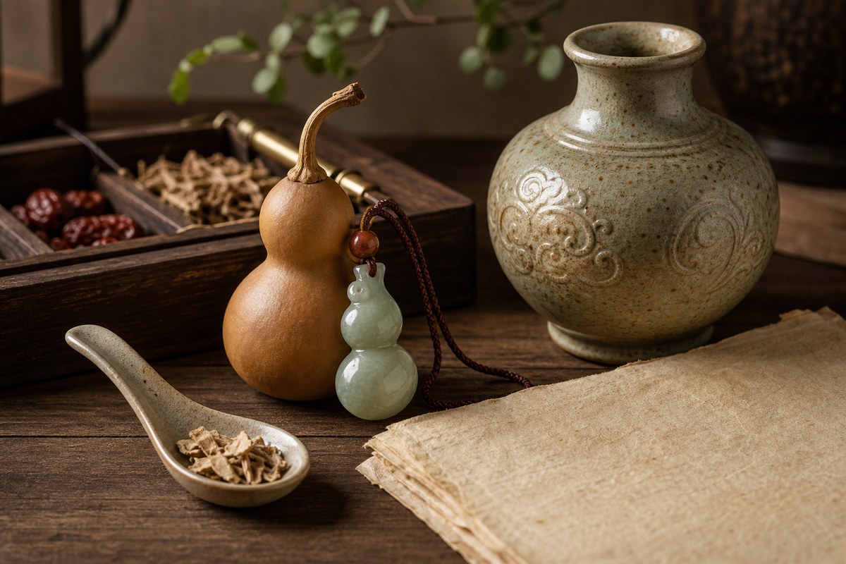 Medicine gourd, ceramic spoon, muted jade hulu charm, and rounded vessel on wood and parchment