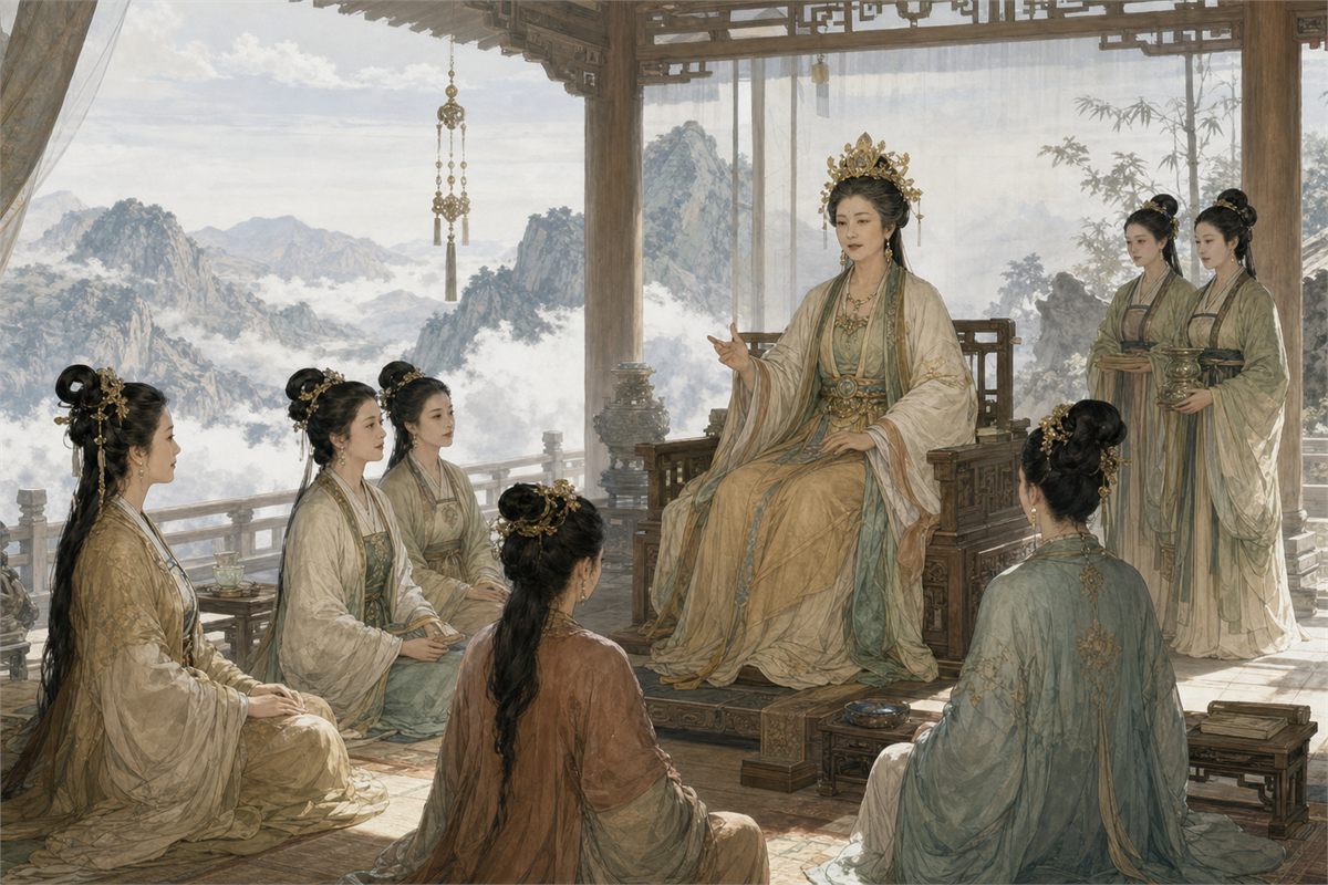 Later Daoist interpretation of Xiwangmu teaching a group of female transcendents in an open mountain hall