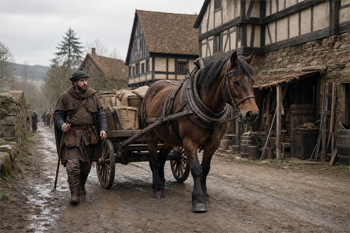 Medieval horse and wooden trade cart traveling along a muddy road near a stone village