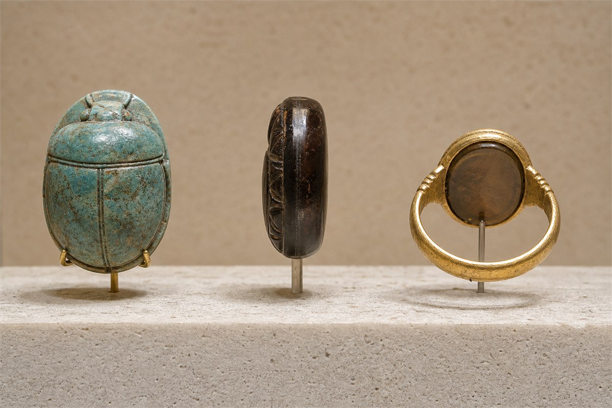 Egyptian scarab, Etruscan beetle-backed gem, and Roman signet ring displayed side by side.