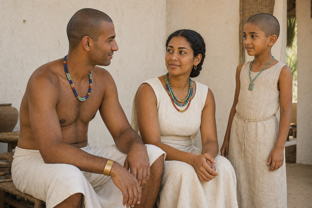 Adult man, adult woman, and child wearing different bead necklaces, bracelets, earrings, and a small amulet