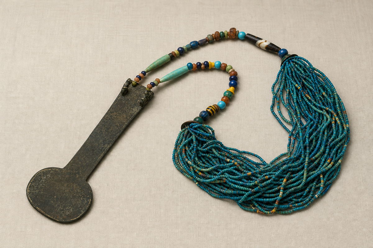 Complete menat with dense blue faience bead strands connected to a large flat metal counterpoise