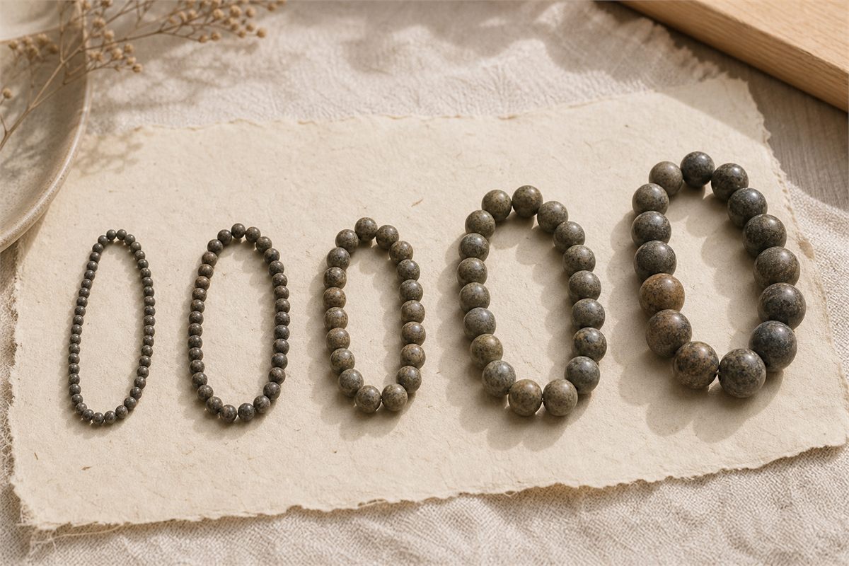 Five dark stone bead strands arranged from fine beads to large statement beads