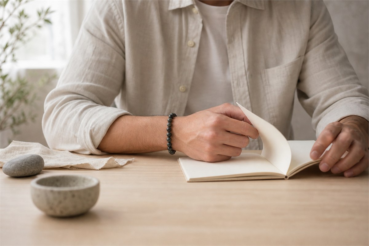 Man in a light linen shirt wearing a dark bead bracelet while turning a notebook page