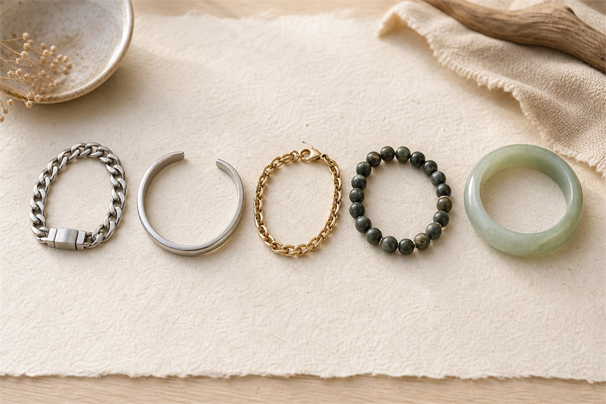 Steel chain, silver-tone cuff, gold-tone chain, dark stone beads and pale jade bangle