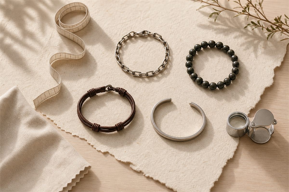 Measuring tape, chain, bead strand, leather bracelet, open cuff, cloth and loupe arranged for inspection