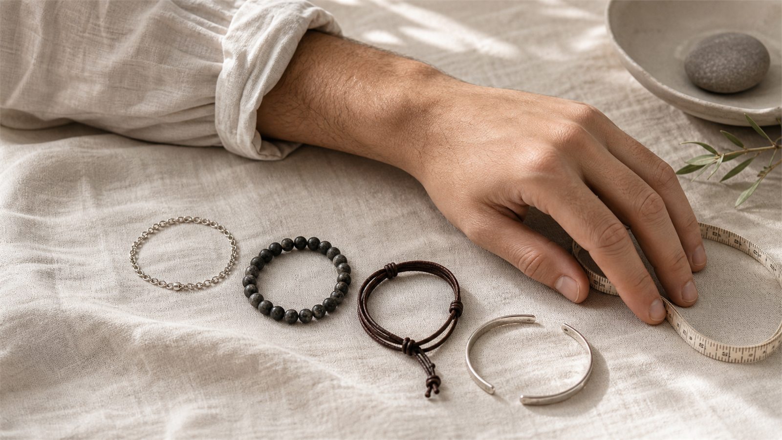 Men’s wrist beside chain, bead, leather and cuff bracelets with a soft measuring tape