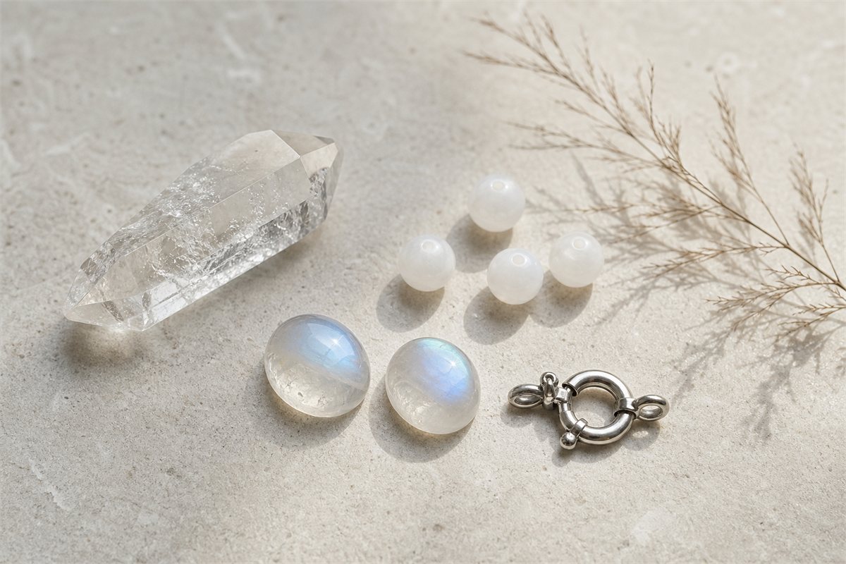 Clear quartz, white chalcedony, moonstone, and a brushed silver clasp on pale stone