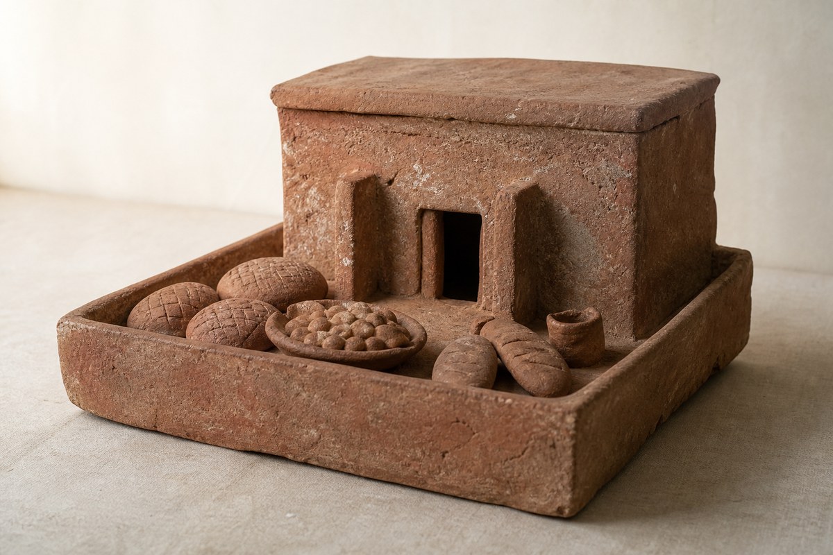 Ceramic soul house with an offering tray, small house model, courtyard, and modeled food