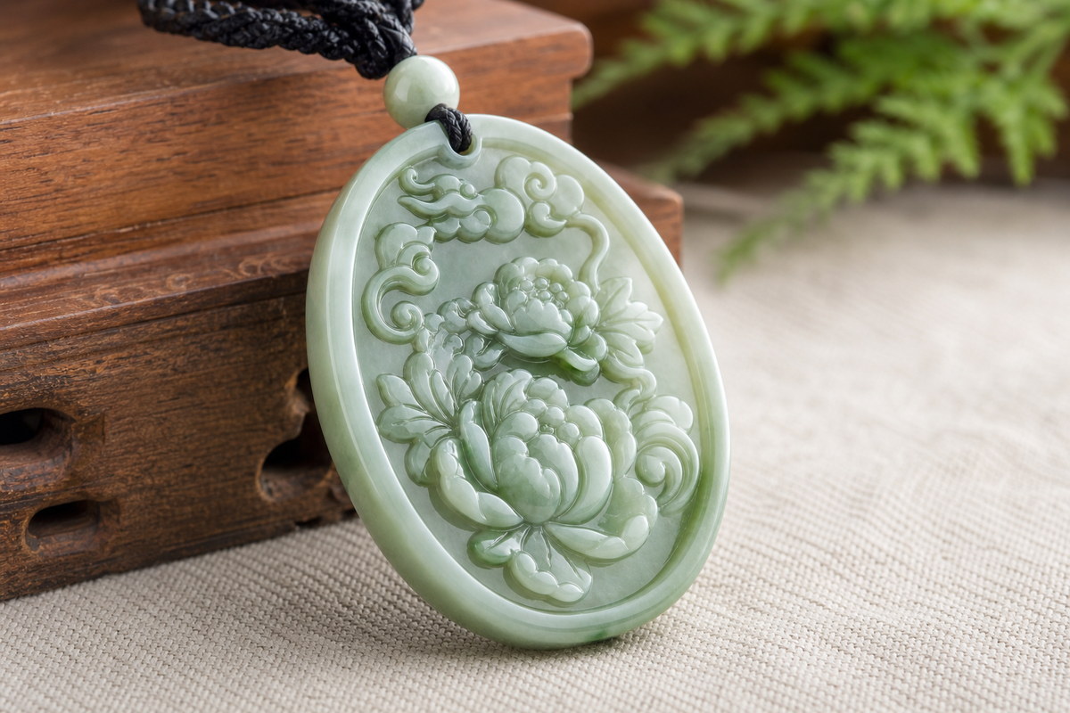 Relief jade carving (浮雕玉雕) pendant showing middle relief volume on a polished jade surface