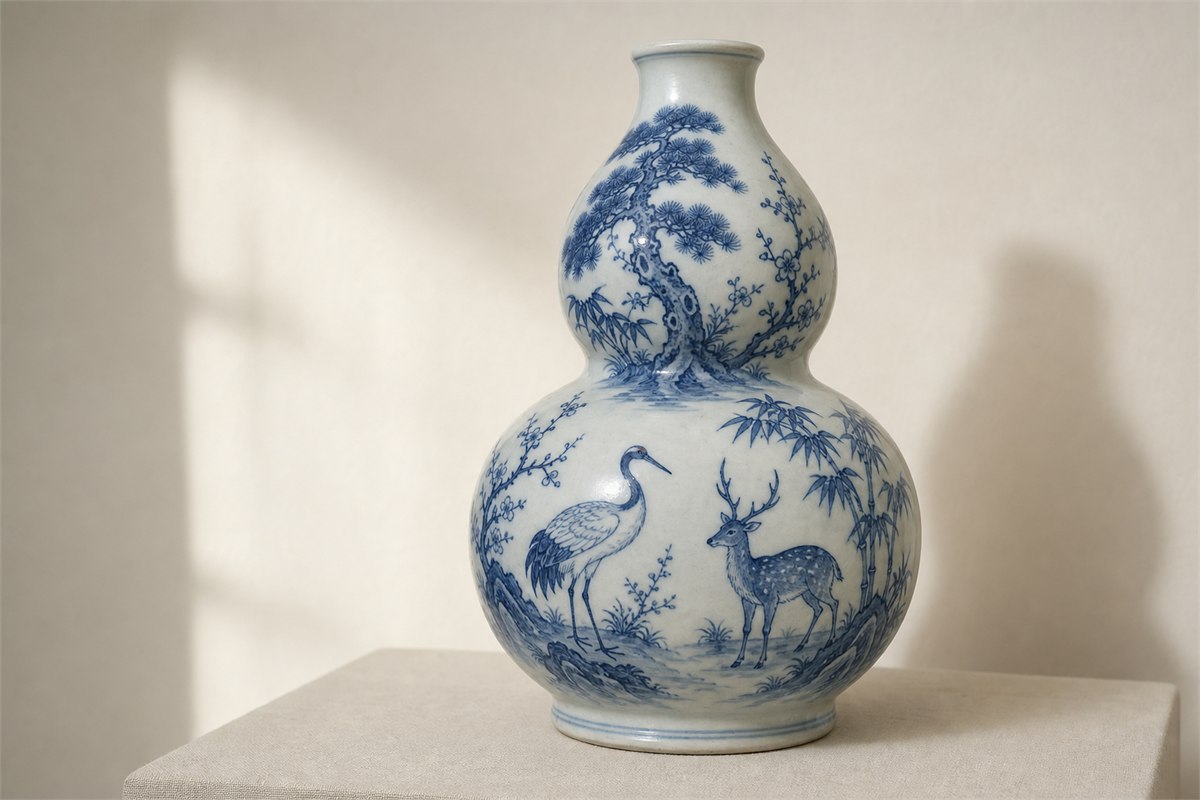 Unmarked blue-and-white porcelain gourd bottle painted with one crane and one antlered deer in a landscape