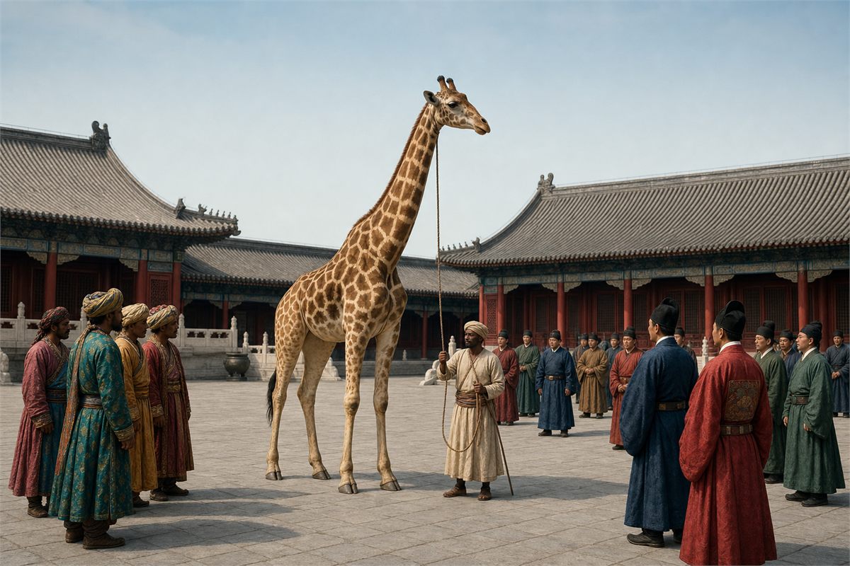 Anatomically accurate giraffe presented by a South Asian embassy before Ming officials in a palace courtyard