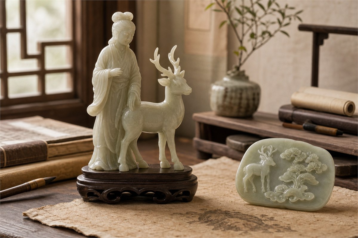 Pale jade immortal and deer sculpture beside a separate deer landscape plaque